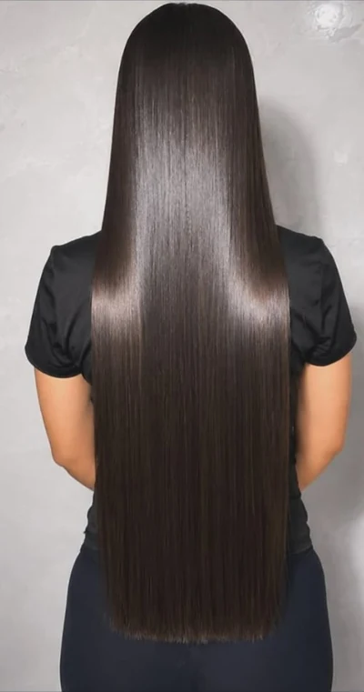 Cabelo escuro comprido e alinhado, visto de costas