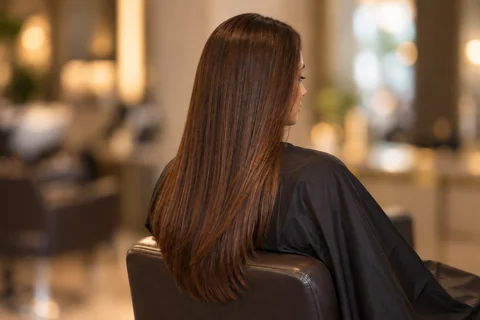 Cabelo castanho comprido, liso e com movimento natural, visto de costas