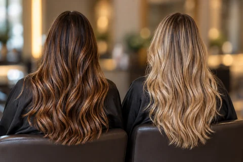 Madeixas em cabelo castanho e loiro, com nuances caramelo e bege