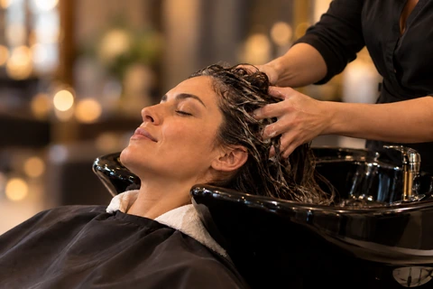 Cuidado do cabelo e massagem do couro cabeludo num lavatório de salão