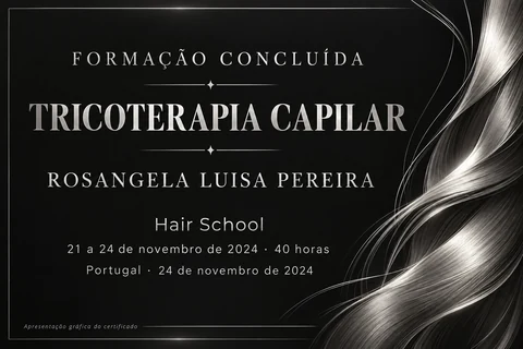 Apresentação gráfica do certificado de Tricoterapia Capilar — Rosangela Luisa Pereira, Hair School, 2024